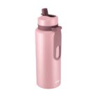 Pink reusable water bottle with a flip-top lid and handle, on a white background.