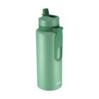 Green reusable water bottle with flip-top lid and carrying handle on a white background.