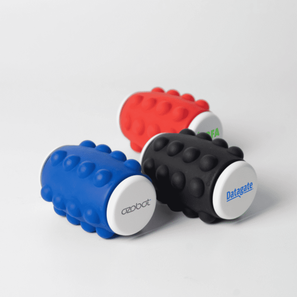 Three textured foam rollers in blue, red, and black, each with a branded white end.