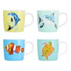 Four mugs with colorful dolphin, shark, clownfish, and turtle illustrations on them.