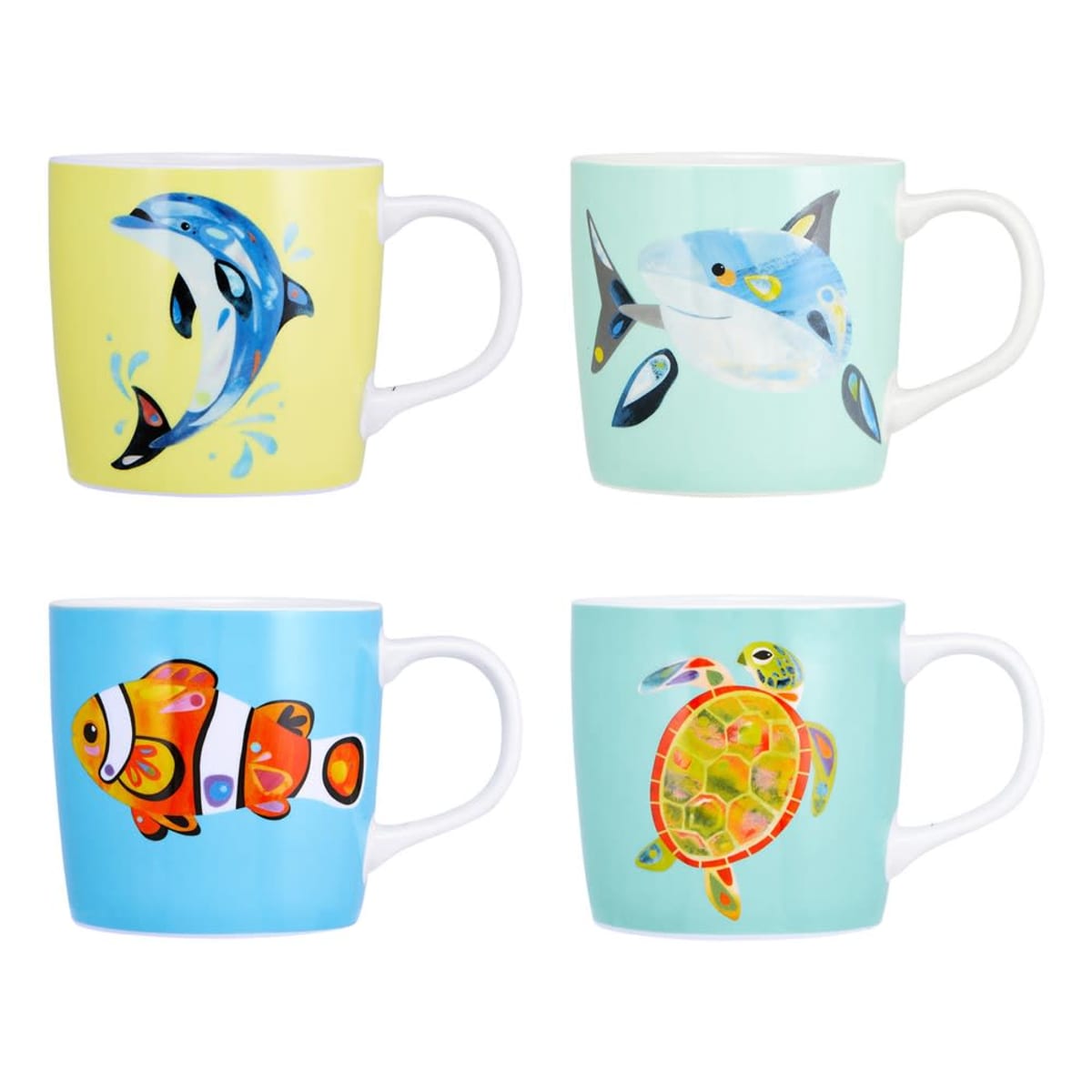 pcoog.jpg Four mugs with colorful illustrations of a dolphin, shark, clownfish, and sea turtle.