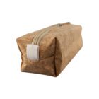 Rectangular cork pencil case with a white zipper and fabric loop, on a white background.