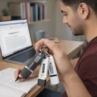 City Slicker holds three City Slicker Flash Drives while studying at a desk near a laptop.