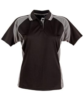Black and gray short-sleeve custom polo shirt with a collar and white piping details.