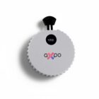 Round white device with axpo logo and a black button labeled YES on top.