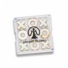 Tic-tac-toe game board with X and O pieces, Ascend Global logo in the center.