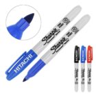 Four Sharpie markers with HITACHI branding in blue, black, and red, plus a close-up of a tip.