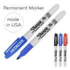 Assorted Sharpie and HITACHI permanent markers in blue, black, and red with fine point tips.