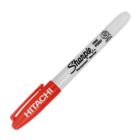 A Sharpie fine point marker with a red cap labeled HITACHI and a white barrel.