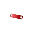 A red rectangular metal plate with a square hole at each end, isolated on a white background.