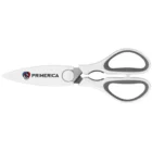 White kitchen scissors with gray handles and a Primerica logo on the blade.