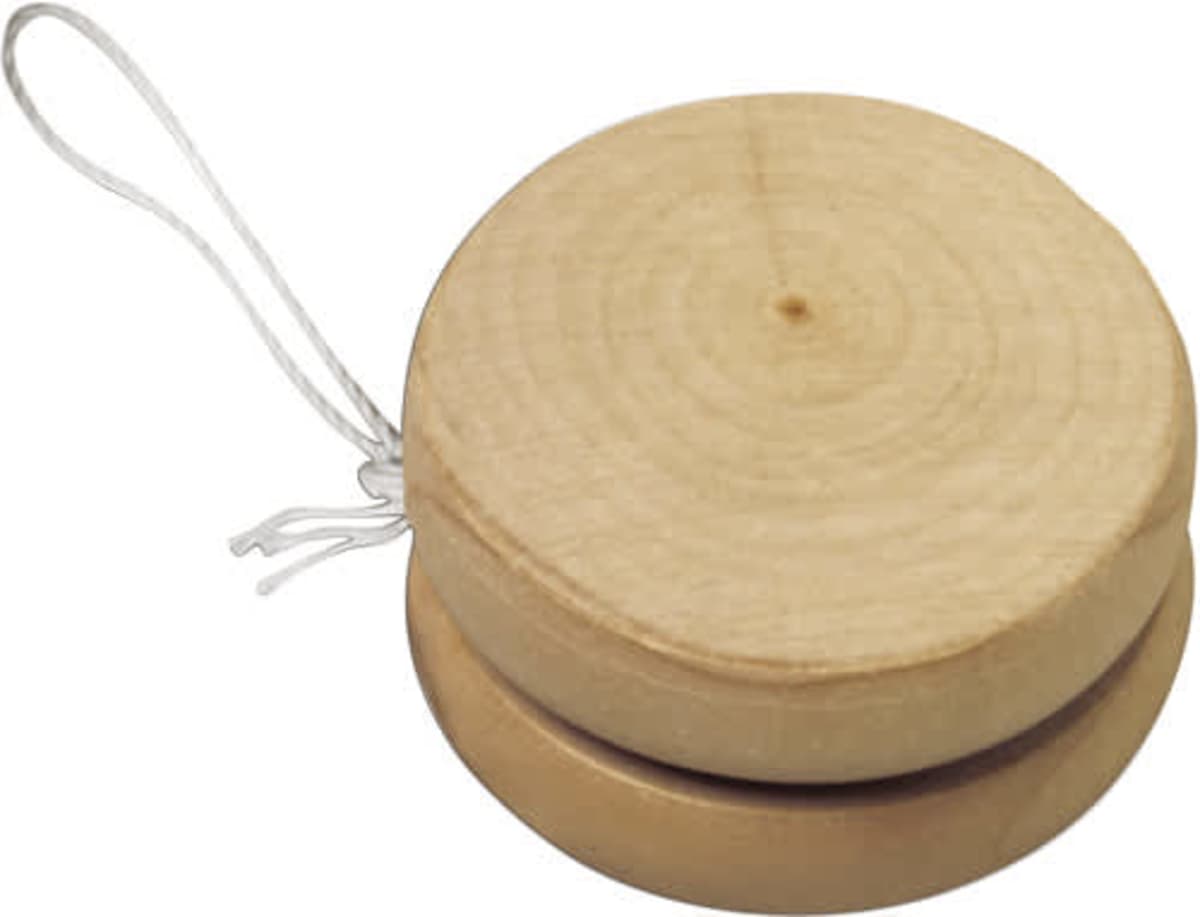 A plain wooden yo-yo with a white string attached.
