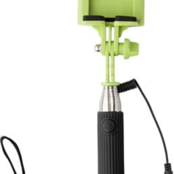 Green selfie stick with a black handle and wrist strap, featuring a phone holder and AUX cable.