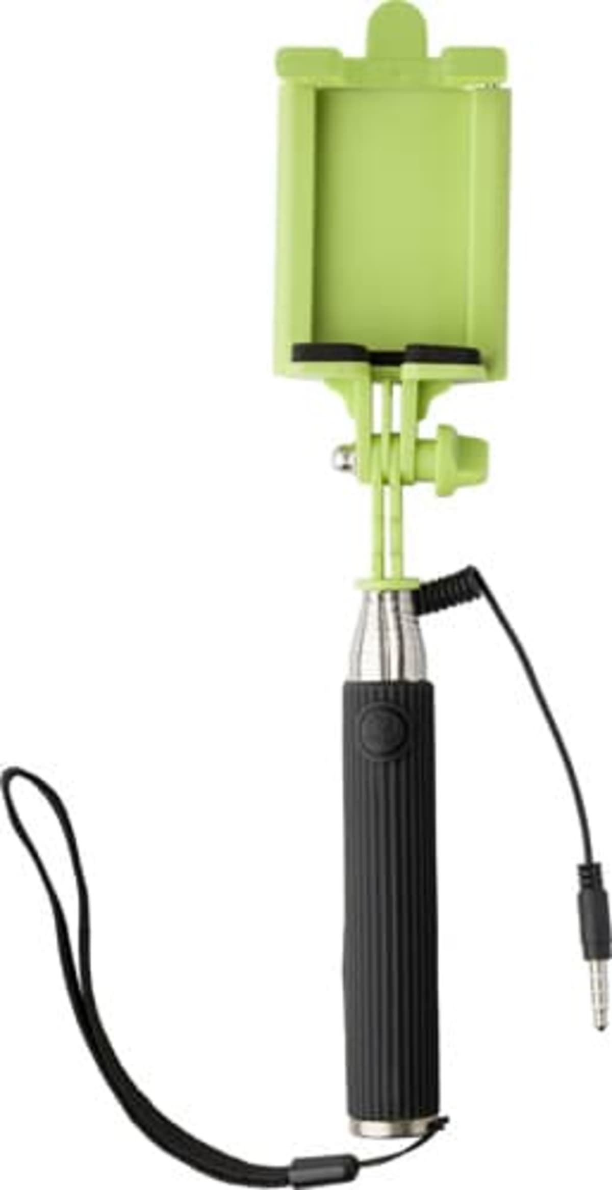 007245-019999999-2d090-frt-pro01-fal.jpg Green selfie stick with a black handle and wrist strap, featuring a phone holder and AUX cable.