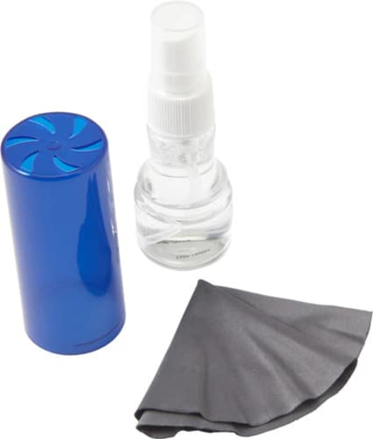 A blue case, a spray bottle, and a gray microfiber cleaning cloth on a white background.
