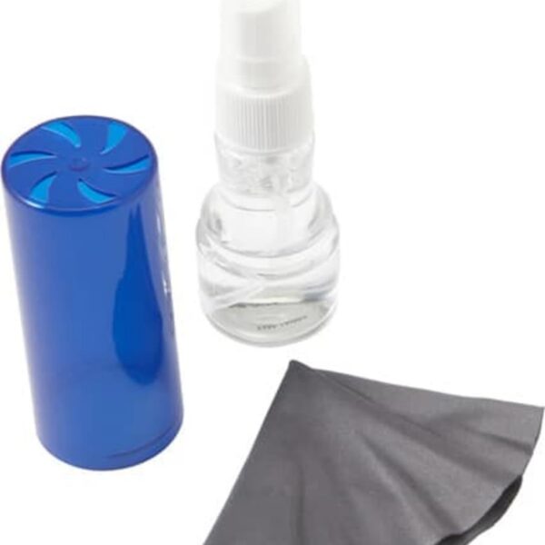 A blue case, spray bottle, and gray cleaning cloth on a white background.
