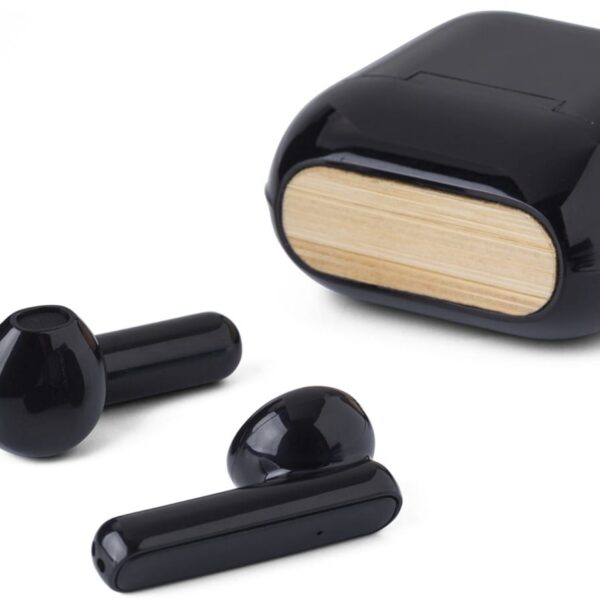 Waven Wireless Earphones with matching case and stylish wood accent.