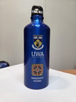 Blue UWA water bottle with Indigenous Studies logo—compare similar products for your needs.