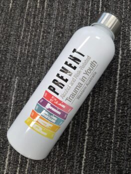 White water bottle with PREVENT Alcohol and Risk-related Trauma in Youth printed for client advice.