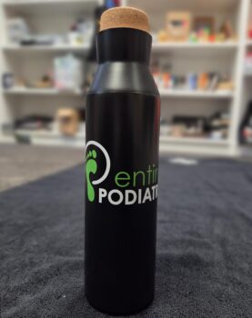 Black water bottle with cork lid, labeled Entire Podiatry; compare similar products today.