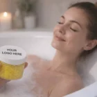Woman relaxing with Mini Bath Salts Jar Corporate Gifts—customized for perfect branding.