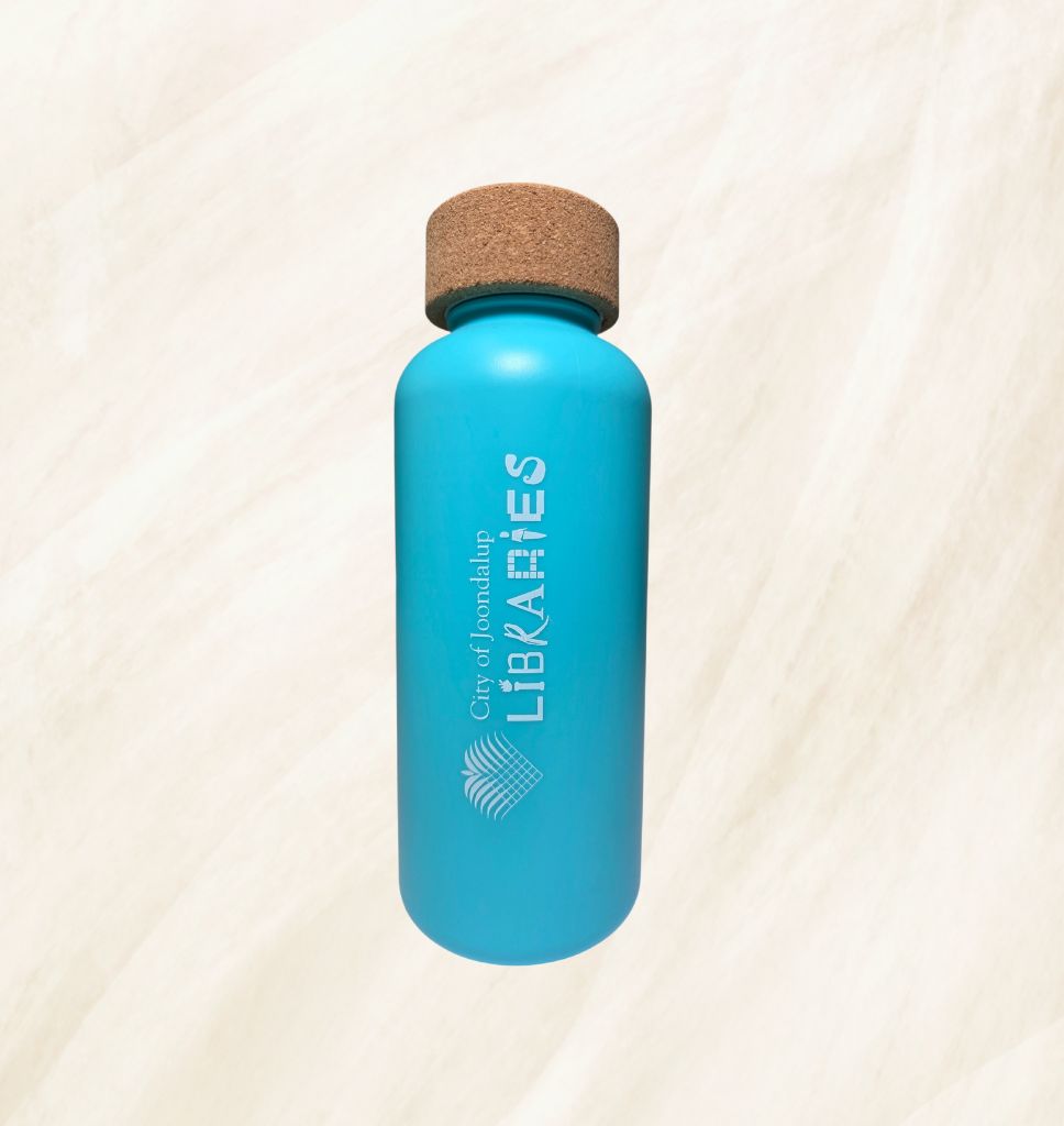 A blue water bottle with a cork lid and City of Joondalup Libraries logo on the side.