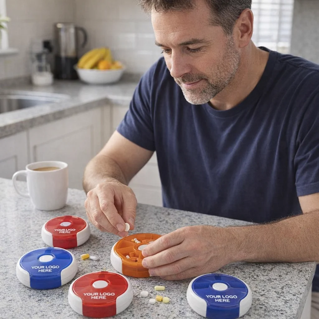 Man organizing pills into Deluxe Pill Dispensers Logo Gift on a kitchen counter with coffee and fruit.
