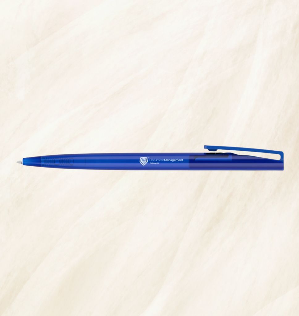 Blue ballpoint pen with clip, logo printed with logo