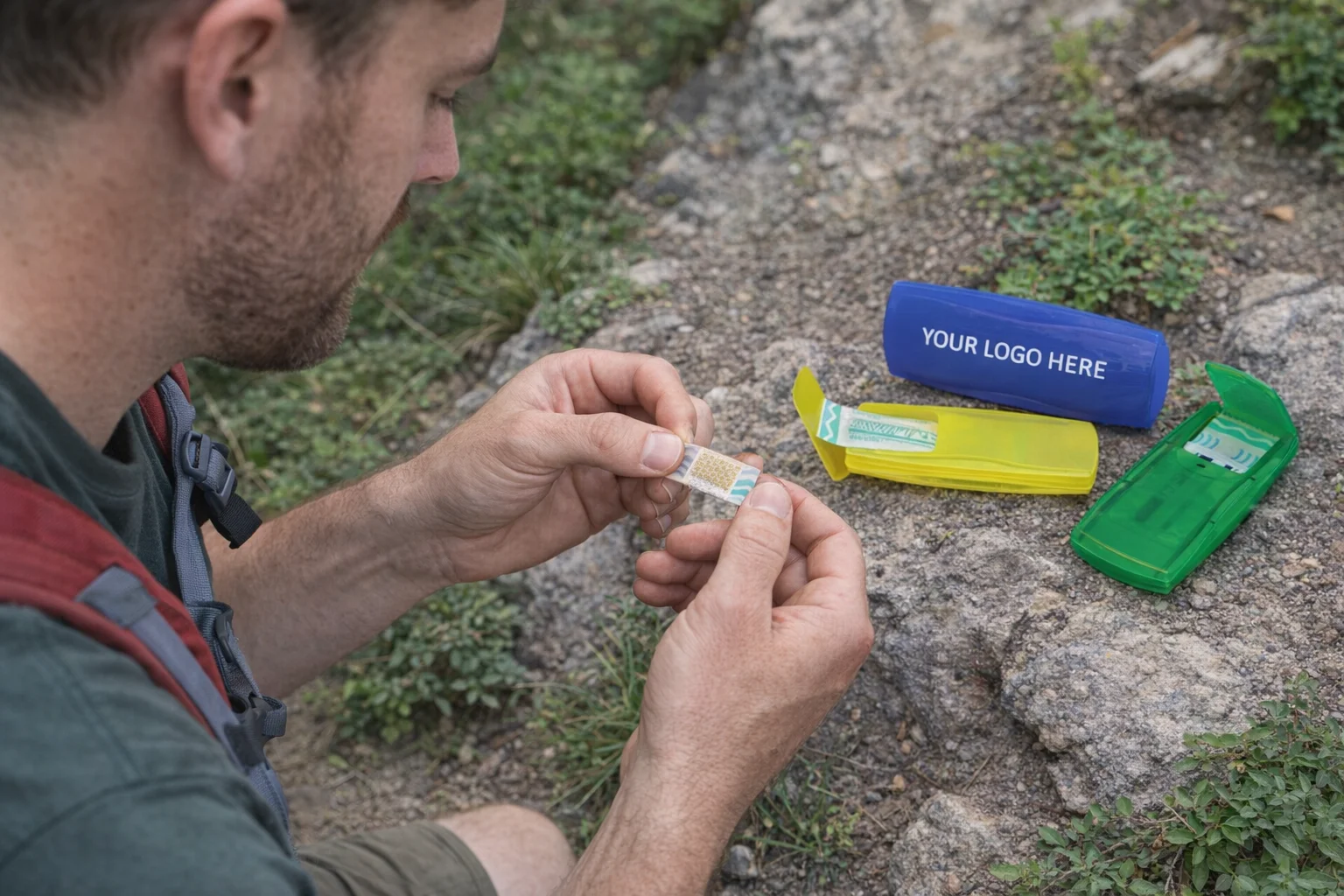 Outdoors, a man opens a Pocket Care Kit Gifts near colorful cases, one labeled YOUR LOGO HERE.