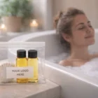 Woman relaxing in bubble bath with candles, using Native Body Care Kit Custom Products.