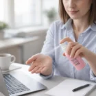 Woman uses Hand & Body Lotion Pumps to sanitize hands at desk with laptop and coffee cup.