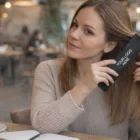 Woman holding a Combs In Vinyl Sleeves with YOUR LOGO HERE text at a cafe table.