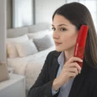 A woman in a suit combs her hair with Combs in a bedroom.