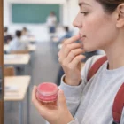 Woman applies Lip Balm Large Pot Branded Gifts in a classroom, finger raised with product.