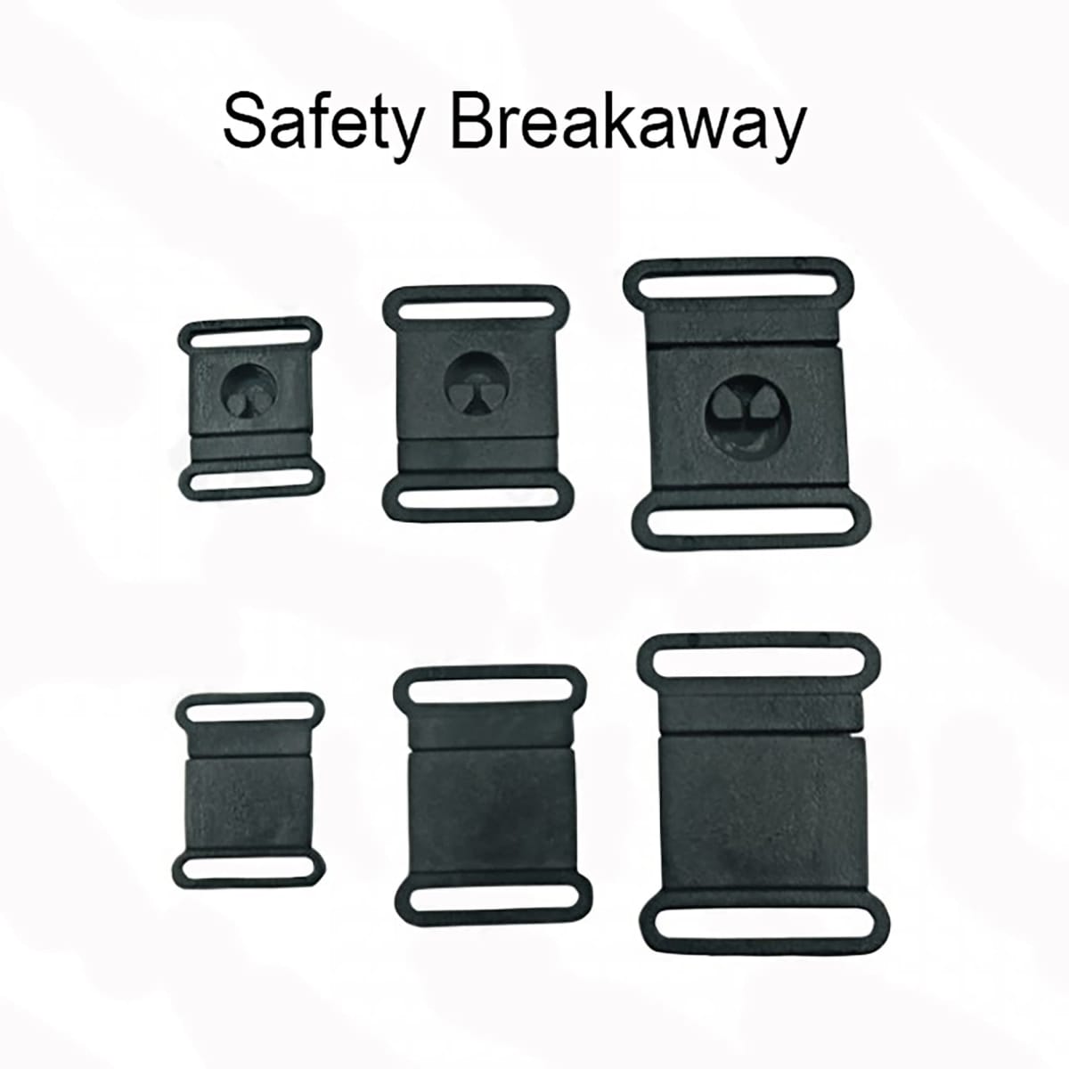 Six black plastic safety breakaway buckles arranged in two rows on a white background.