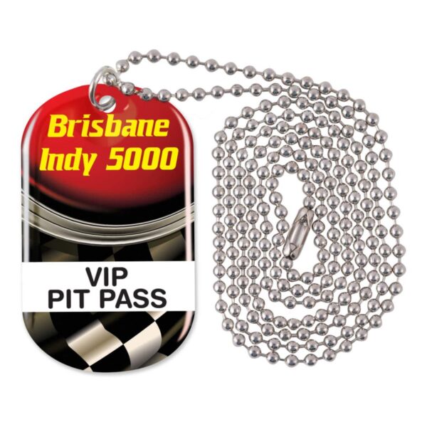 Dog tag necklace with Brisbane Indy 5000 VIP PIT PASS and checkered flag design.
