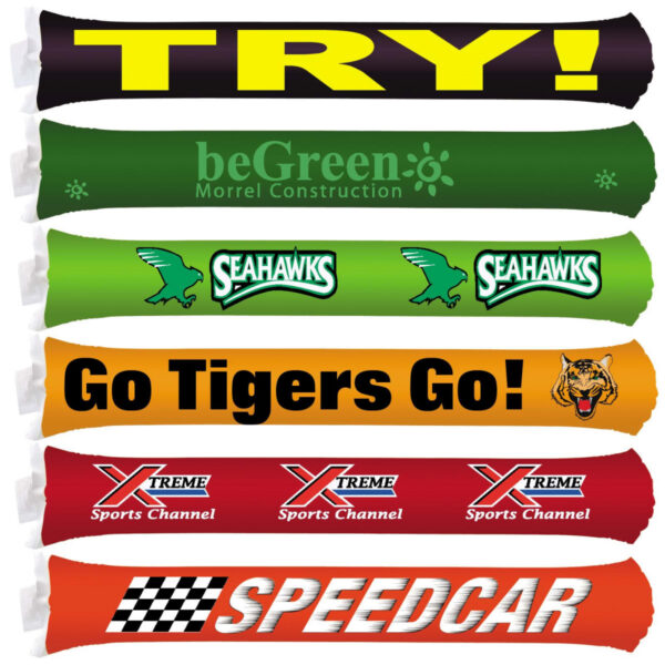 Six inflatable cheer sticks with phrases: TRY!, beGreen, SEAHAWKS, Go Tigers Go!, XTREME, SPEEDCAR.