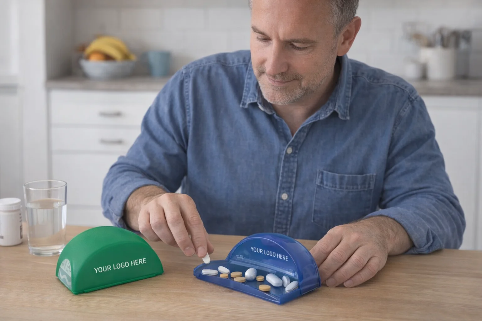 Man sorting pills into a Mobile Med Pack Promo Product on a kitchen table with water.