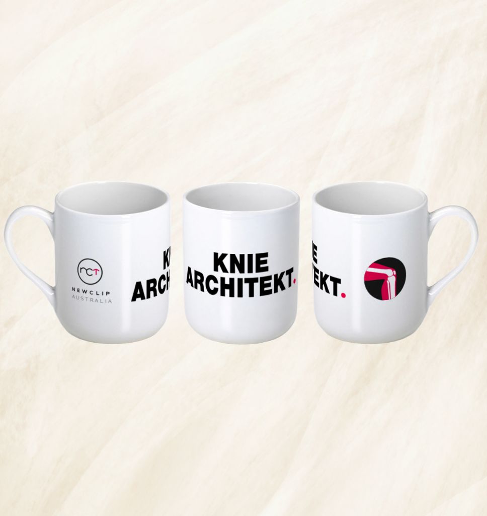 Three white mugs feature bold NewClip Australia text and minimalist logo designs.