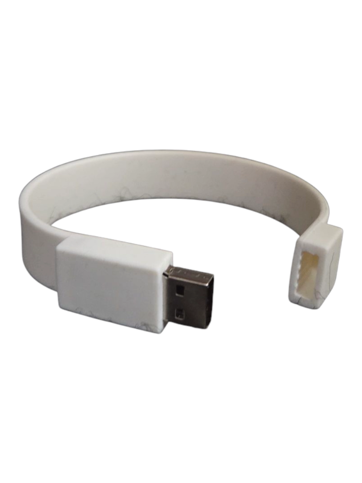 A white USB charging bracelet featuring the best USB type connectors at each end.
