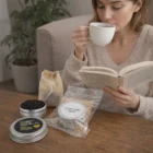 Woman sipping Herbal Tea Shots while reading, with Herbal Tea Shots packages on the table.