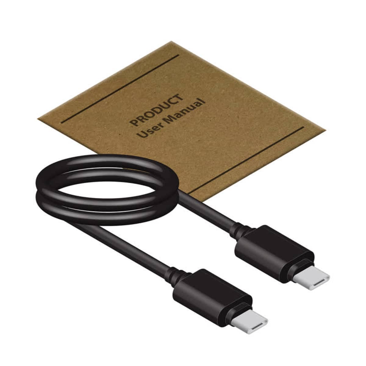 A black USB-C cable and a brown user manual on a white background.