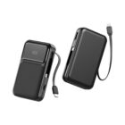 Two black portable power banks, one showing a percentage display and attached charging cables.