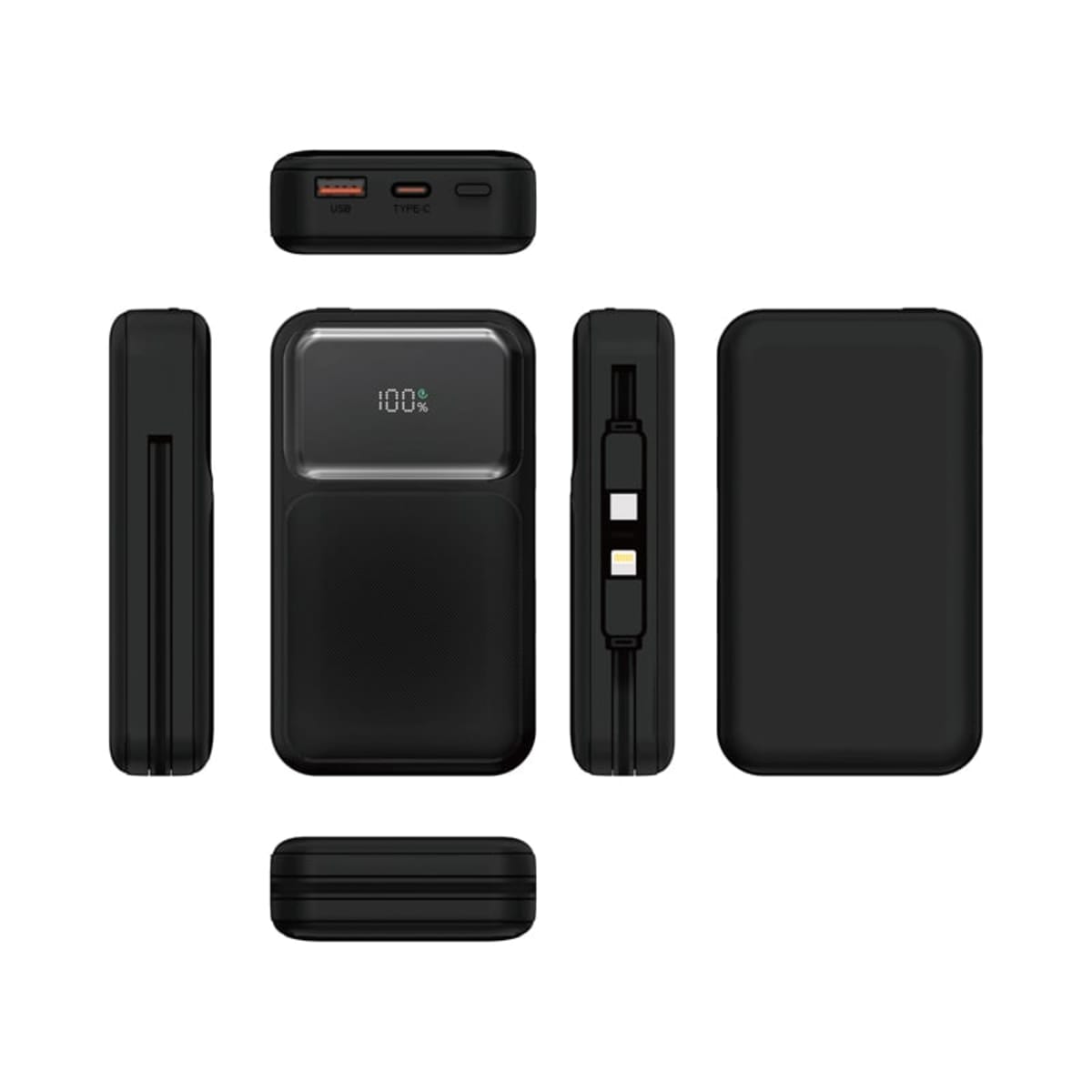 Black portable power bank shown from multiple angles with ports and digital display visible.