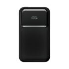 Black portable power bank with digital display showing 100% charge on a white background.