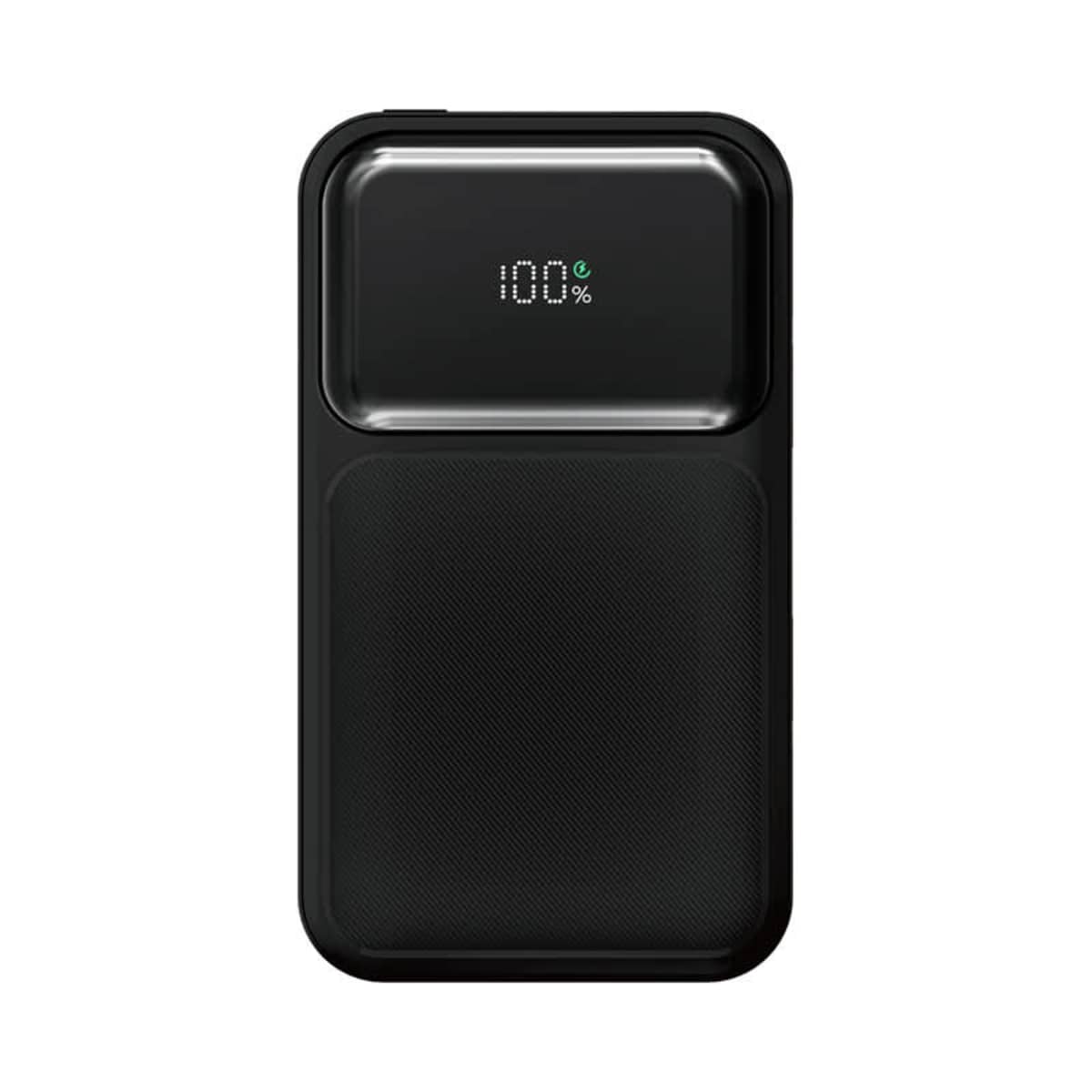 Black portable power bank with digital display showing 100% charge on a white background.