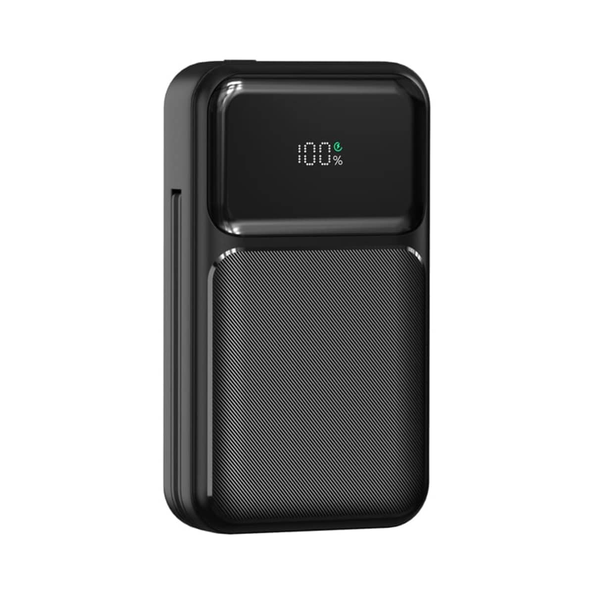 Black portable power bank with digital display showing 100% charge on the screen.