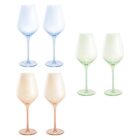 Six wine glasses in blue, green, and peach colors, arranged in three pairs on a white background.