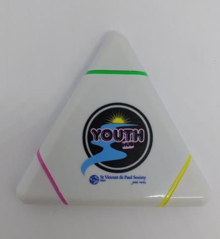 White triangular object with Youth Hub logo, ideal for minimising clean-up at large gatherings.