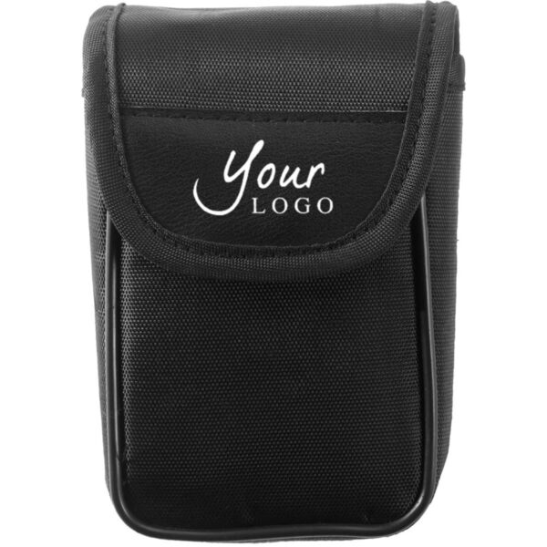 Black fabric pouch with flap, featuring the words Your Logo in white on the front.